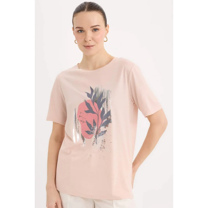 Defacto E0917 Pembe Regular Fit Bisiklet Yaka Baskılı Kısa Kollu Tişört