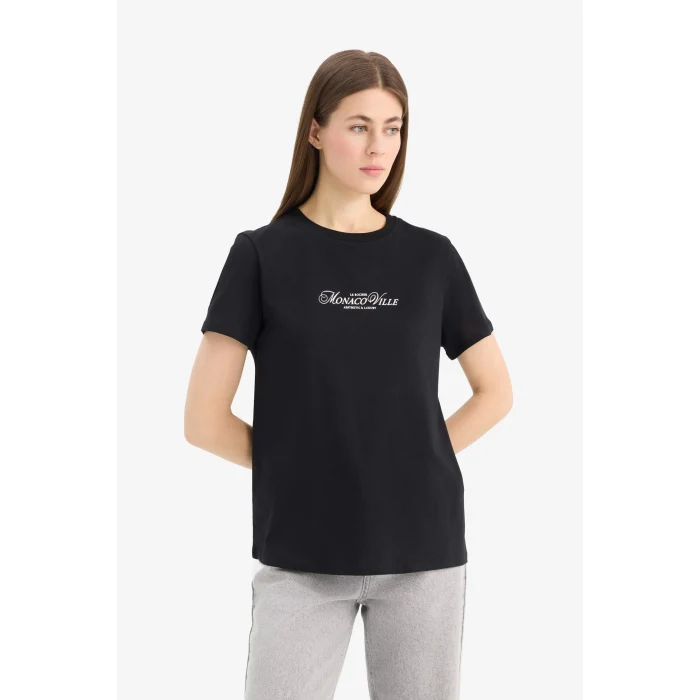 Defacto E2789 Siyah Regular Fit Bisiklet Yaka Baskılı Penye Kısa Kollu Tişört