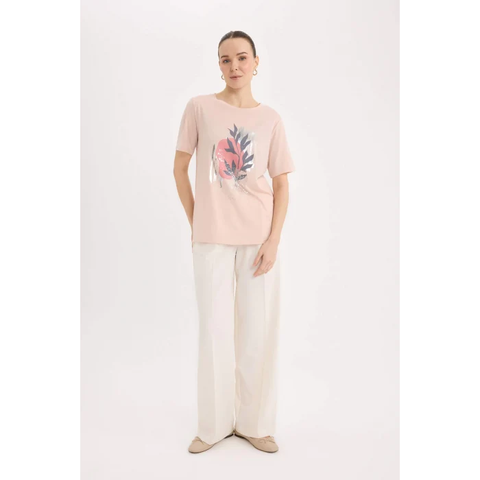 Defacto E0917 Pembe Regular Fit Bisiklet Yaka Baskılı Kısa Kollu Tişört