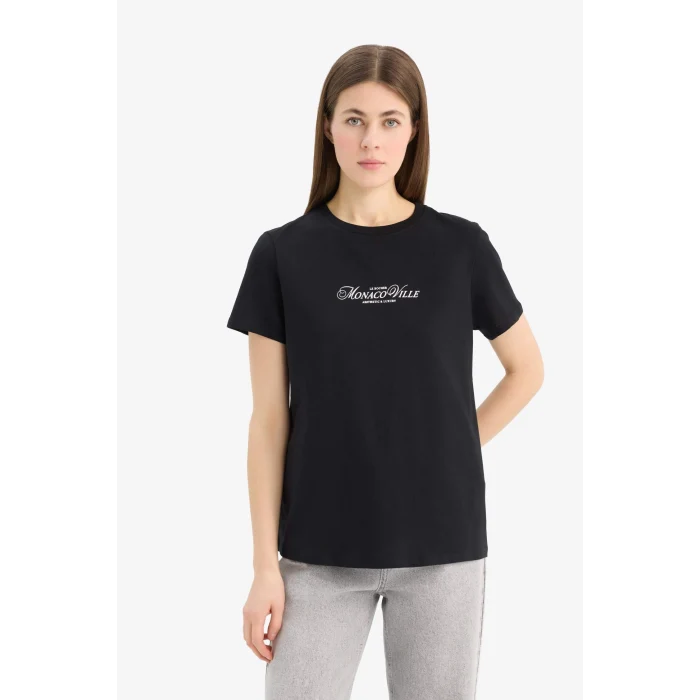 Defacto E2789 Siyah Regular Fit Bisiklet Yaka Baskılı Penye Kısa Kollu Tişört