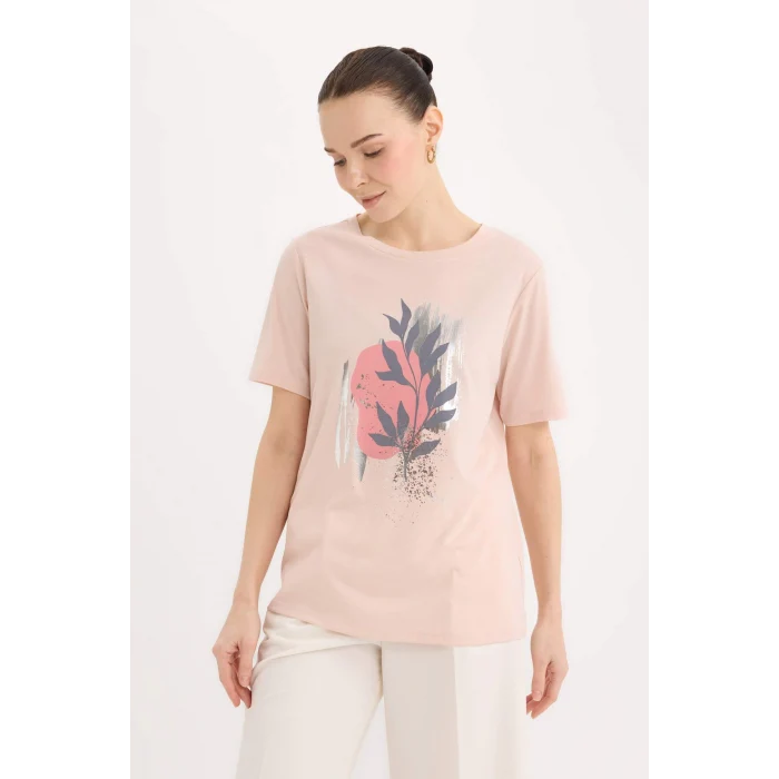 Defacto E0917 Pembe Regular Fit Bisiklet Yaka Baskılı Kısa Kollu Tişört