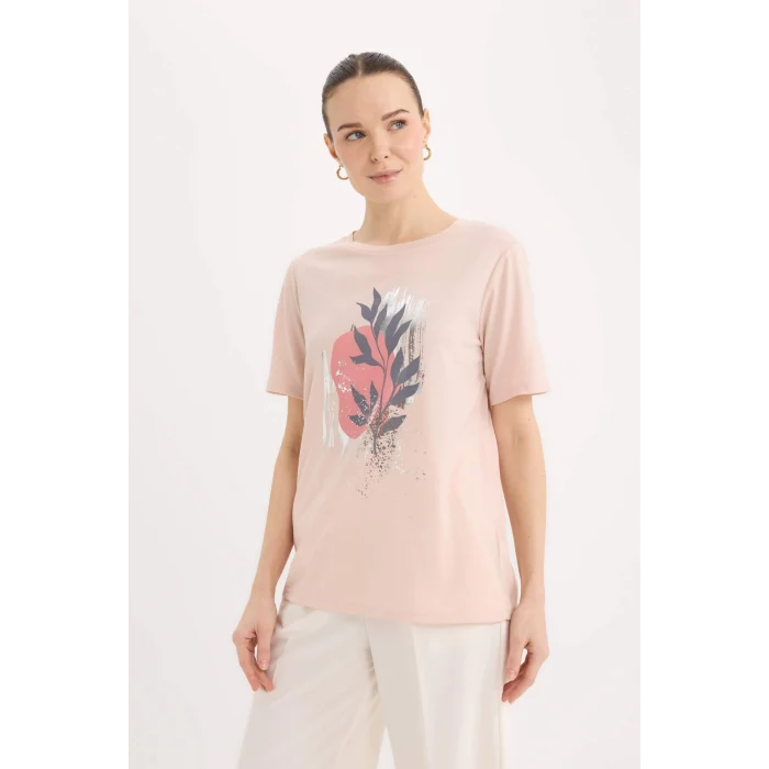 Defacto E0917 Pembe Regular Fit Bisiklet Yaka Baskılı Kısa Kollu Tişört