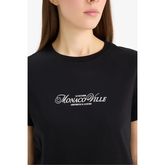 Defacto E2789 Siyah Regular Fit Bisiklet Yaka Baskılı Penye Kısa Kollu Tişört