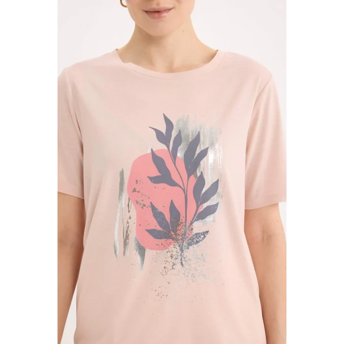 Defacto E0917 Pembe Regular Fit Bisiklet Yaka Baskılı Kısa Kollu Tişört