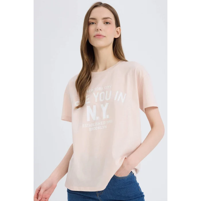 Defacto E0720 Pembe Regular Fit Bisiklet Yaka Baskılı Kısa Kollu Tişört