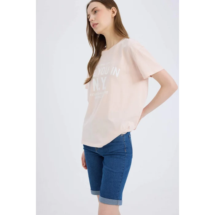Defacto E0720 Pembe Regular Fit Bisiklet Yaka Baskılı Kısa Kollu Tişört