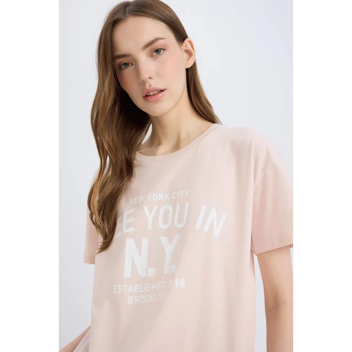 Defacto E0720 Pembe Regular Fit Bisiklet Yaka Baskılı Kısa Kollu Tişört