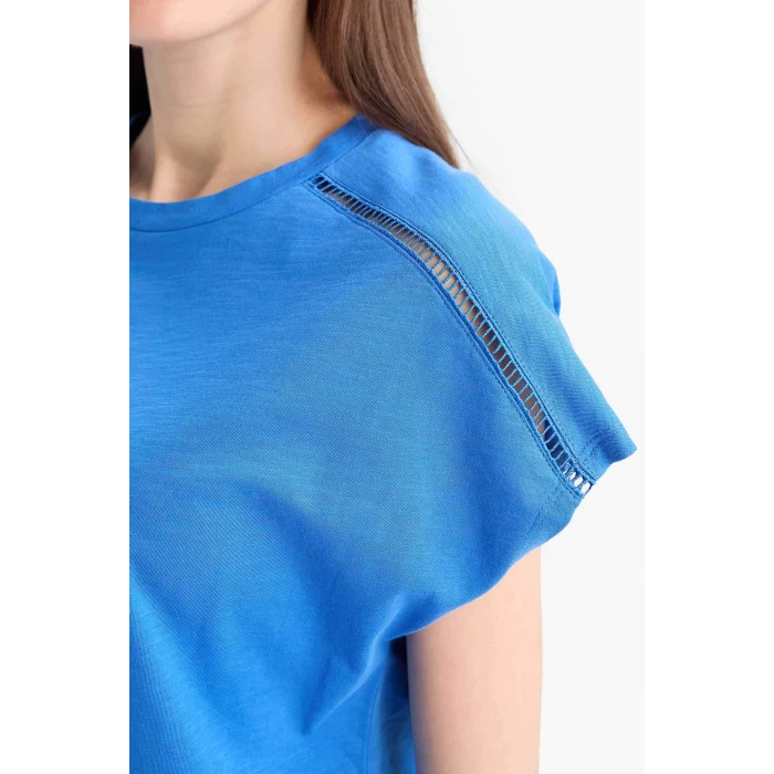 Defacto E4367 Mavi Bisiklet Yaka Flamlı Pamuk Kısa Kollu Tişört