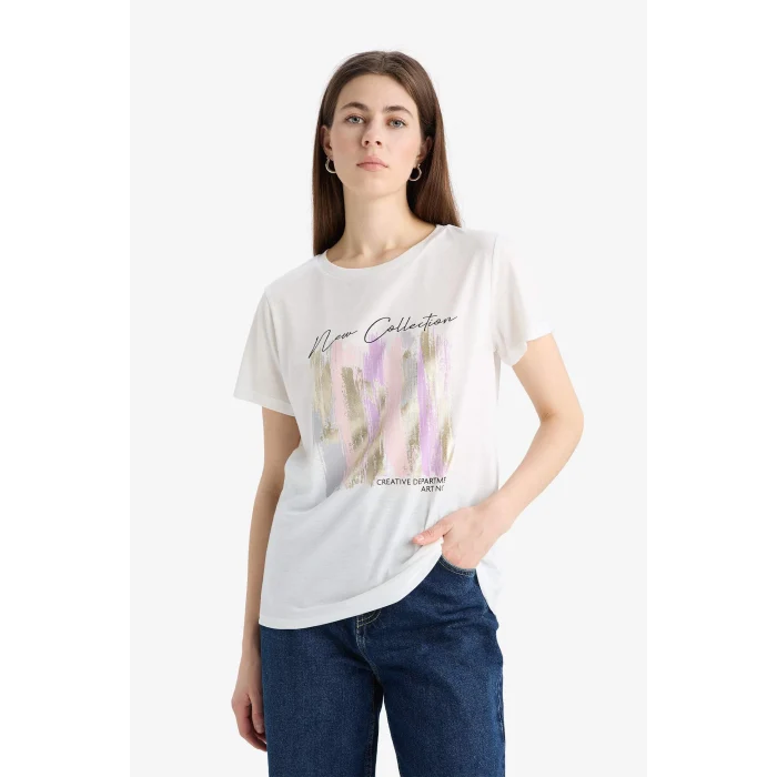 Defacto E5061 Ekru Regular Fit Bisiklet Yaka Baskılı Kısa Kollu Tişört