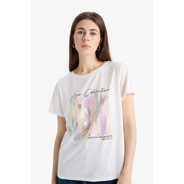 Defacto E5061 Ekru Regular Fit Bisiklet Yaka Baskılı Kısa Kollu Tişört