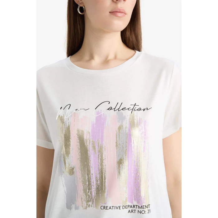 Defacto E5061 Ekru Regular Fit Bisiklet Yaka Baskılı Kısa Kollu Tişört