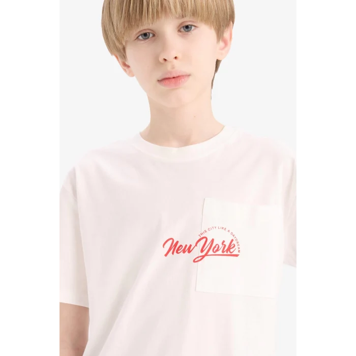 Defacto E0095 Beyaz Erkek Çocuk Bisiklet Yaka Baskılı Kısa Kollu Tişört