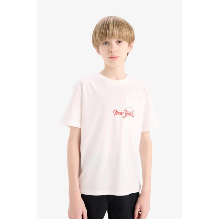 Defacto E0095 Beyaz Erkek Çocuk Bisiklet Yaka Baskılı Kısa Kollu Tişört