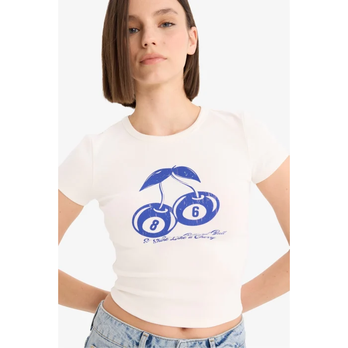 Defacto E8476 Beyaz Coool Fitted Bisiklet Yaka Baskılı Ribana Kısa Kollu Tişört