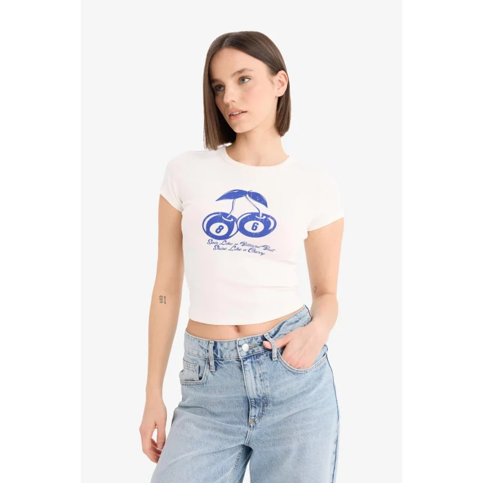 Defacto E8476 Beyaz Coool Fitted Bisiklet Yaka Baskılı Ribana Kısa Kollu Tişört