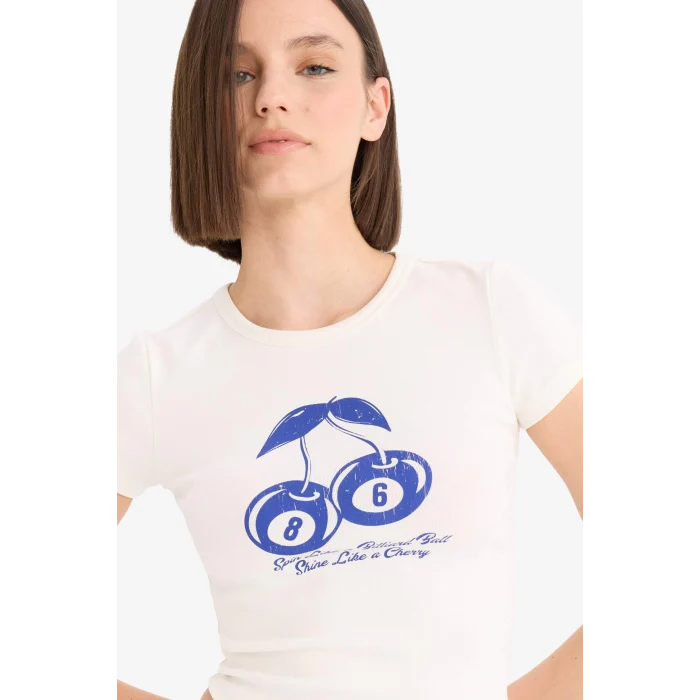 Defacto E8476 Beyaz Coool Fitted Bisiklet Yaka Baskılı Ribana Kısa Kollu Tişört