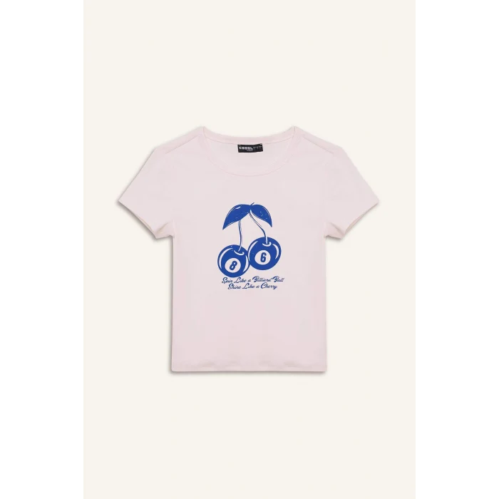 Defacto E8476 Beyaz Coool Fitted Bisiklet Yaka Baskılı Ribana Kısa Kollu Tişört