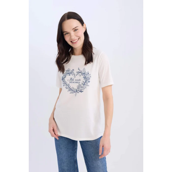 Defacto E3026 Ekru Regular Fit Bisiklet Yaka Baskılı Kısa Kollu Tişört