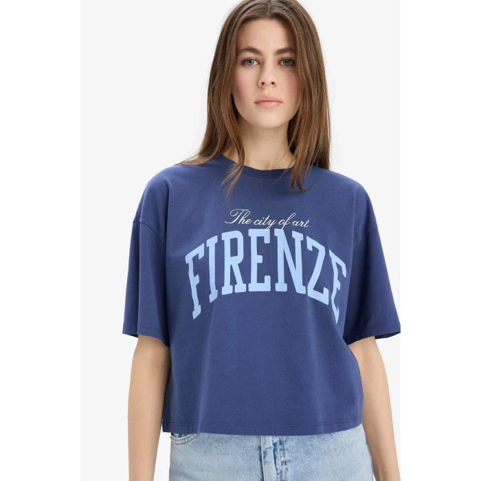 Defacto E5149 İndigo Oversize Geniş Kalıp Bisiklet Yaka Baskılı Penye Kısa Kollu Tişört