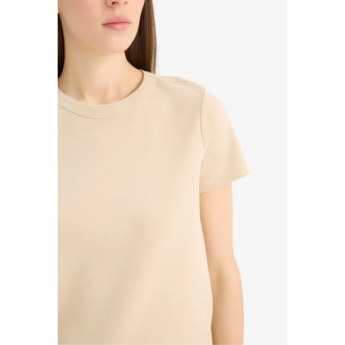 Defacto E5451 Bej Regular Fit Bisiklet Yaka Basic Düz Kısa Kollu Tişört