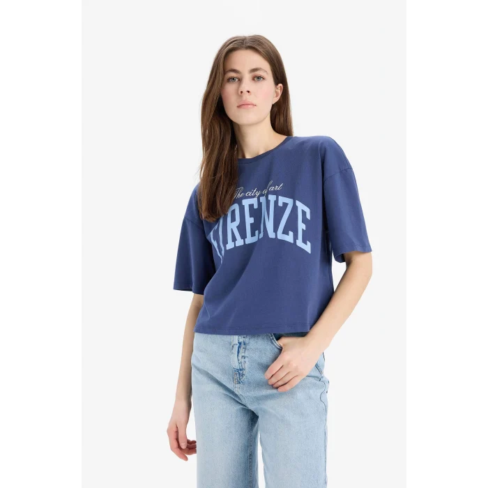 Defacto E5149 İndigo Oversize Geniş Kalıp Bisiklet Yaka Baskılı Penye Kısa Kollu Tişört