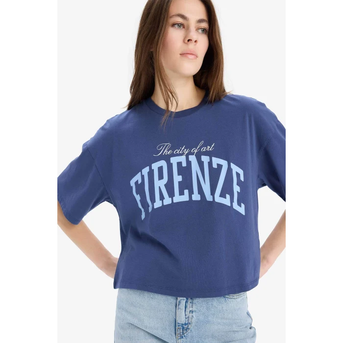 Defacto E5149 İndigo Oversize Geniş Kalıp Bisiklet Yaka Baskılı Penye Kısa Kollu Tişört