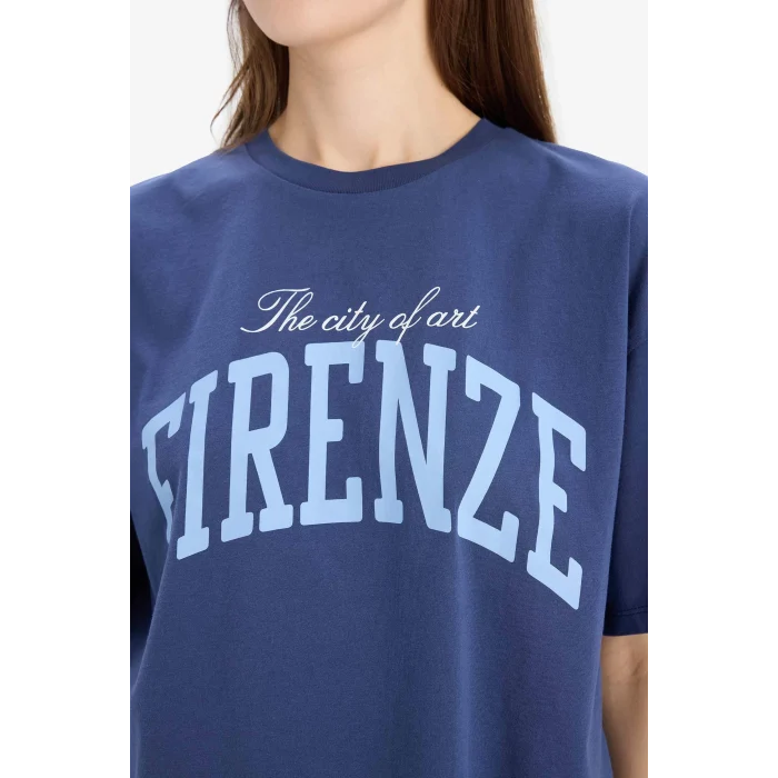 Defacto E5149 İndigo Oversize Geniş Kalıp Bisiklet Yaka Baskılı Penye Kısa Kollu Tişört