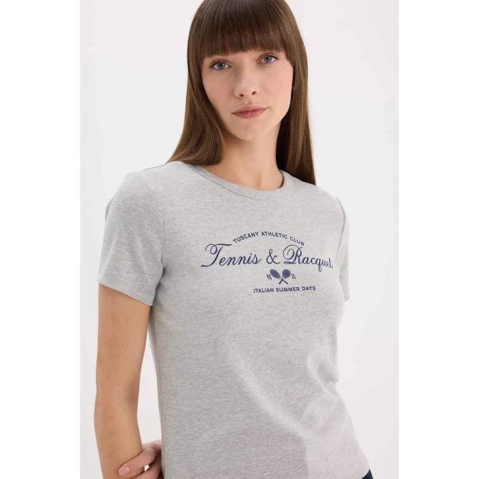 Defacto E5067 Gri Regular Fit Bisiklet Yaka Baskılı Ribana Kısa Kollu Tişört