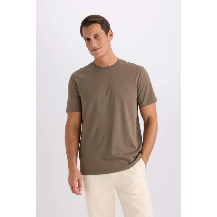 Defacto V7699 Haki %100 Pamuk New Regular Fit Bisiklet Yaka Basic Düz Kısa Kollu Tişört