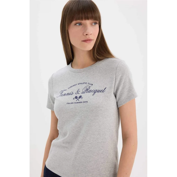 Defacto E5067 Gri Regular Fit Bisiklet Yaka Baskılı Ribana Kısa Kollu Tişört