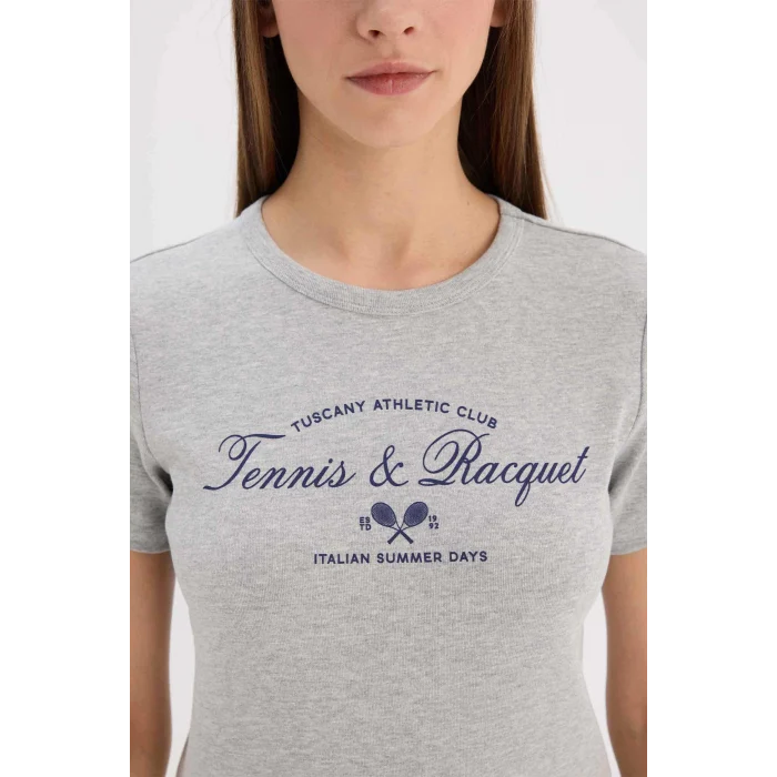 Defacto E5067 Gri Regular Fit Bisiklet Yaka Baskılı Ribana Kısa Kollu Tişört