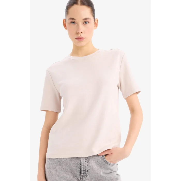 Defacto D7579 Bej Regular Fit Bisiklet Yaka Basic Düz Kalın Kısa Kollu Tişört