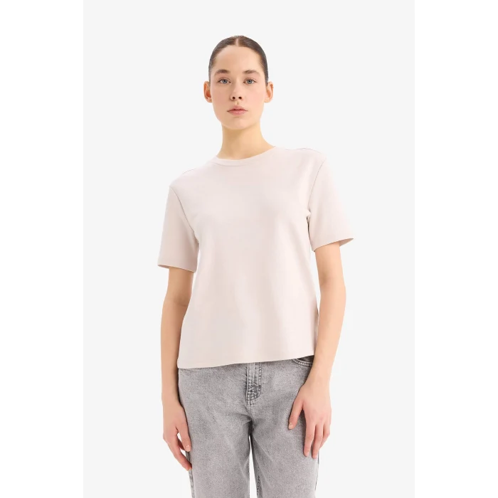 Defacto D7579 Bej Regular Fit Bisiklet Yaka Basic Düz Kalın Kısa Kollu Tişört