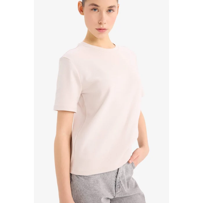 Defacto D7579 Bej Regular Fit Bisiklet Yaka Basic Düz Kalın Kısa Kollu Tişört