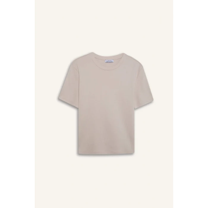 Defacto D7579 Bej Regular Fit Bisiklet Yaka Basic Düz Kalın Kısa Kollu Tişört