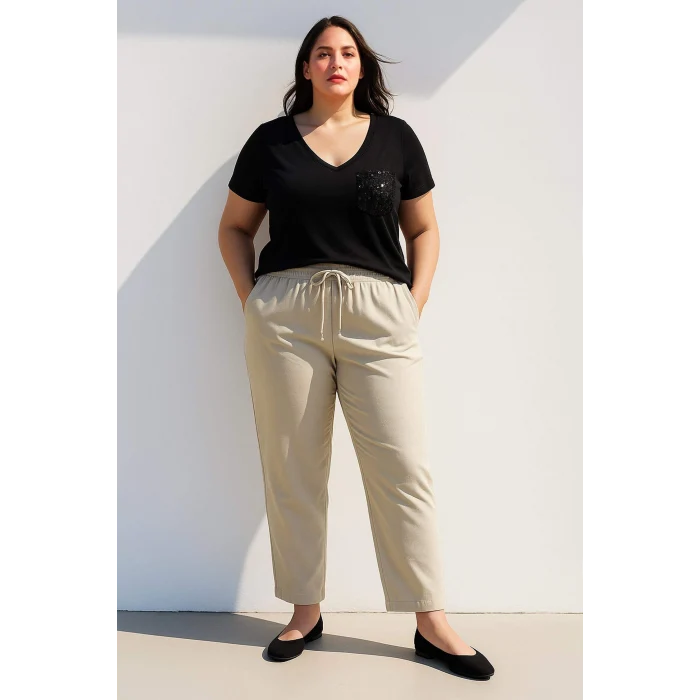 Defacto U3769 Siyah Regular Fit V Yaka Payetli Kısa Kollu Tişört