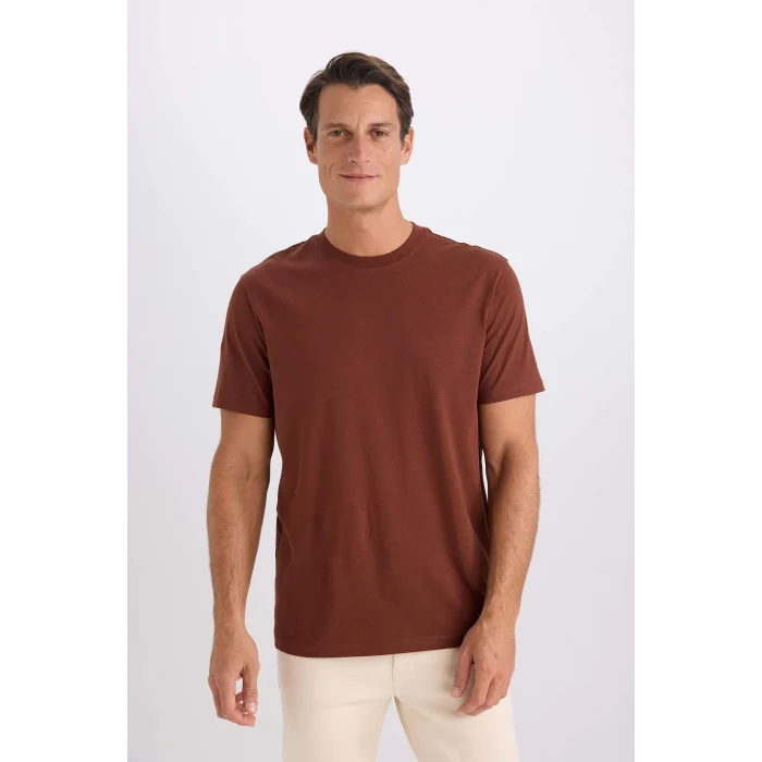Defacto V7699 Kahve %100 Pamuk New Regular Fit Bisiklet Yaka Basic Düz Kısa Kollu Tişört