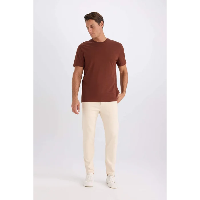 Defacto V7699 Kahve %100 Pamuk New Regular Fit Bisiklet Yaka Basic Düz Kısa Kollu Tişört
