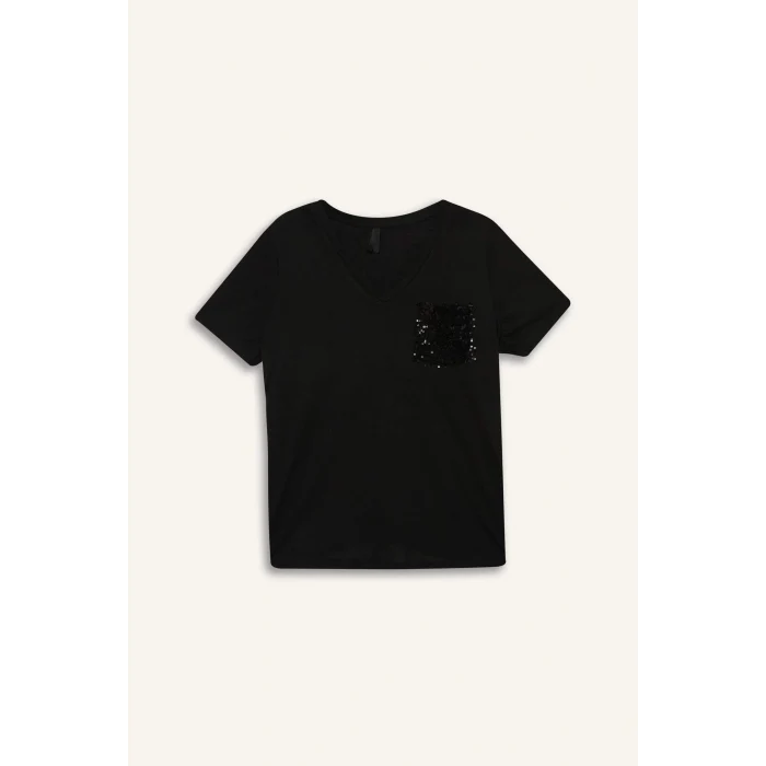 Defacto U3769 Siyah Regular Fit V Yaka Payetli Kısa Kollu Tişört