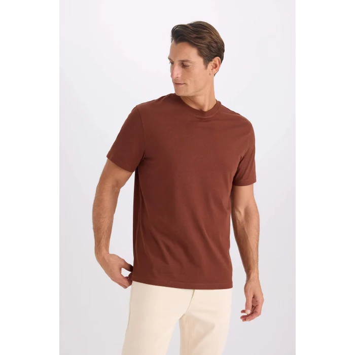 Defacto V7699 Kahve %100 Pamuk New Regular Fit Bisiklet Yaka Basic Düz Kısa Kollu Tişört