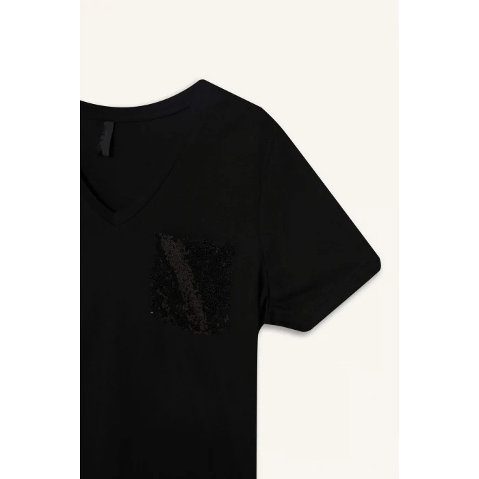 Defacto U3769 Siyah Regular Fit V Yaka Payetli Kısa Kollu Tişört