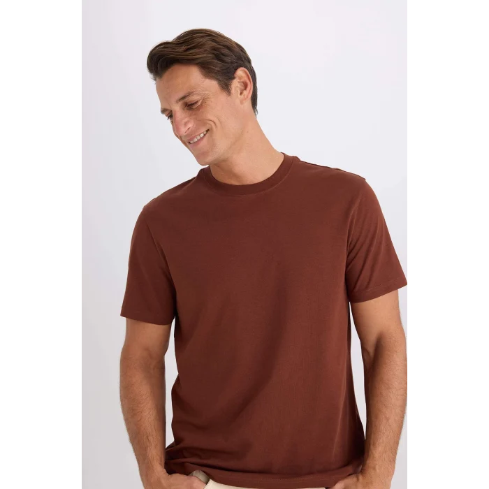Defacto V7699 Kahve %100 Pamuk New Regular Fit Bisiklet Yaka Basic Düz Kısa Kollu Tişört