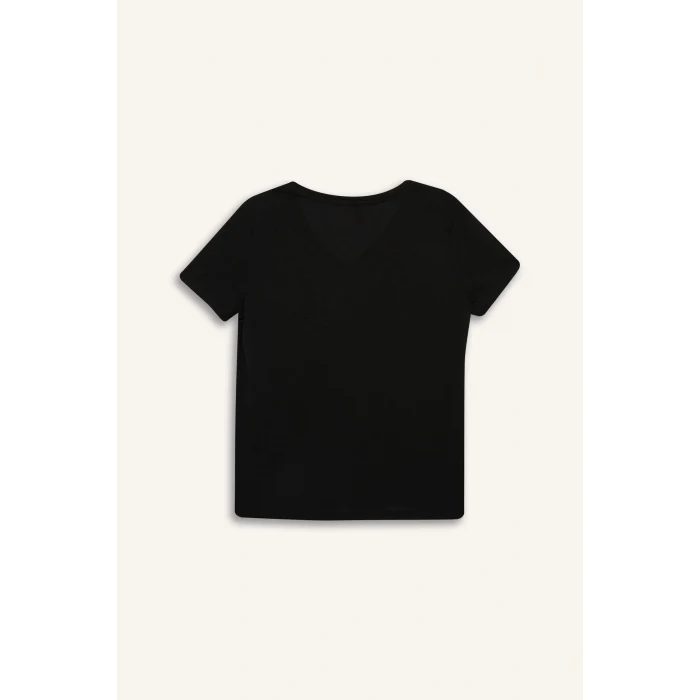 Defacto U3769 Siyah Regular Fit V Yaka Payetli Kısa Kollu Tişört