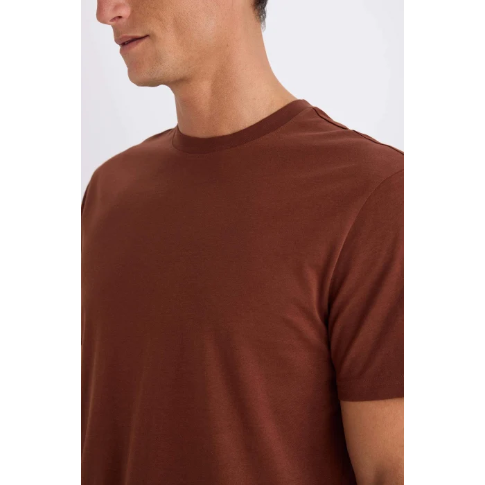 Defacto V7699 Kahve %100 Pamuk New Regular Fit Bisiklet Yaka Basic Düz Kısa Kollu Tişört