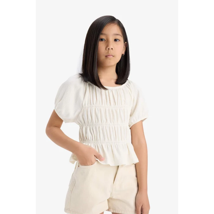 Defacto C2209 Ekru Kız Çocuk Relax Fit Bisiklet Yaka Bürümcük Kısa Kollu Bluz