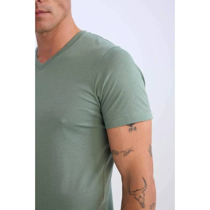 Defacto D7938 Haki %100 Pamuk Regular Fit V Yaka Pamuklu Basic Düz Kısa Kollu Tişört