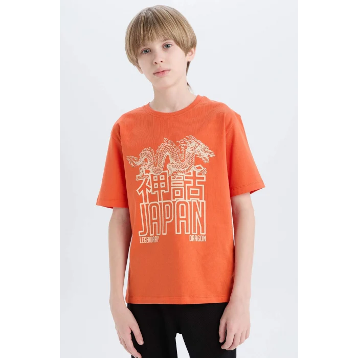 Defacto E0079 Turuncu Erkek Çocuk Bisiklet Yaka Baskılı Kısa Kollu Tişört