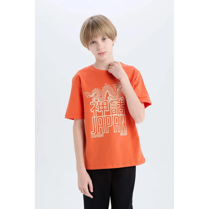 Defacto E0079 Turuncu Erkek Çocuk Bisiklet Yaka Baskılı Kısa Kollu Tişört