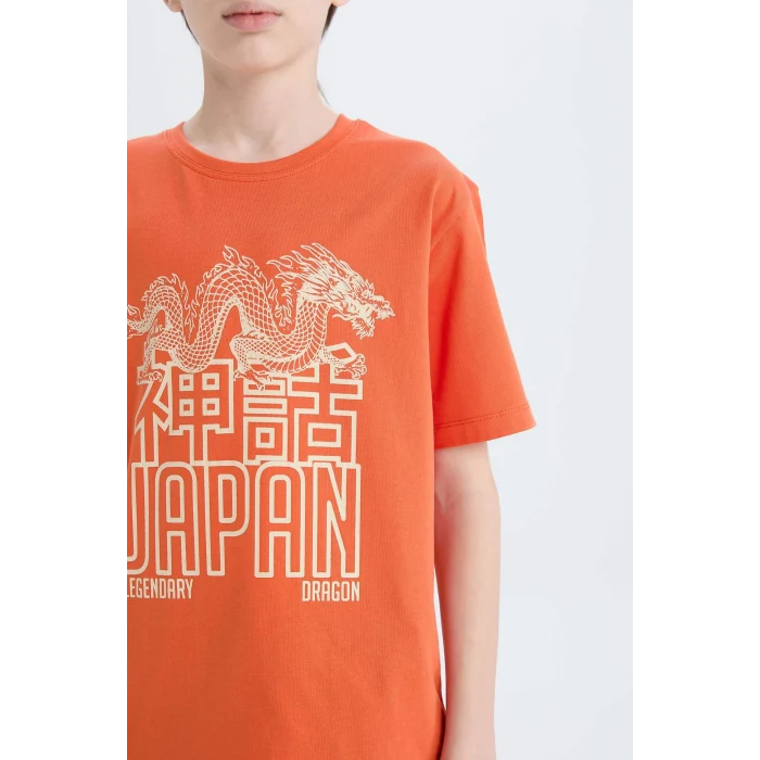 Defacto E0079 Turuncu Erkek Çocuk Bisiklet Yaka Baskılı Kısa Kollu Tişört