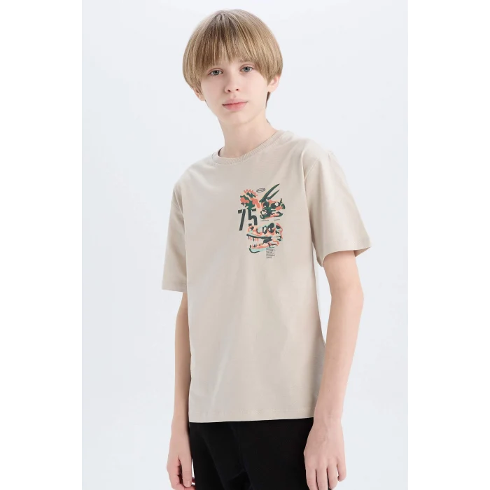 Defacto D9285 Gri Erkek Çocuk Bisiklet Yaka Baskılı Kısa Kollu Tişört